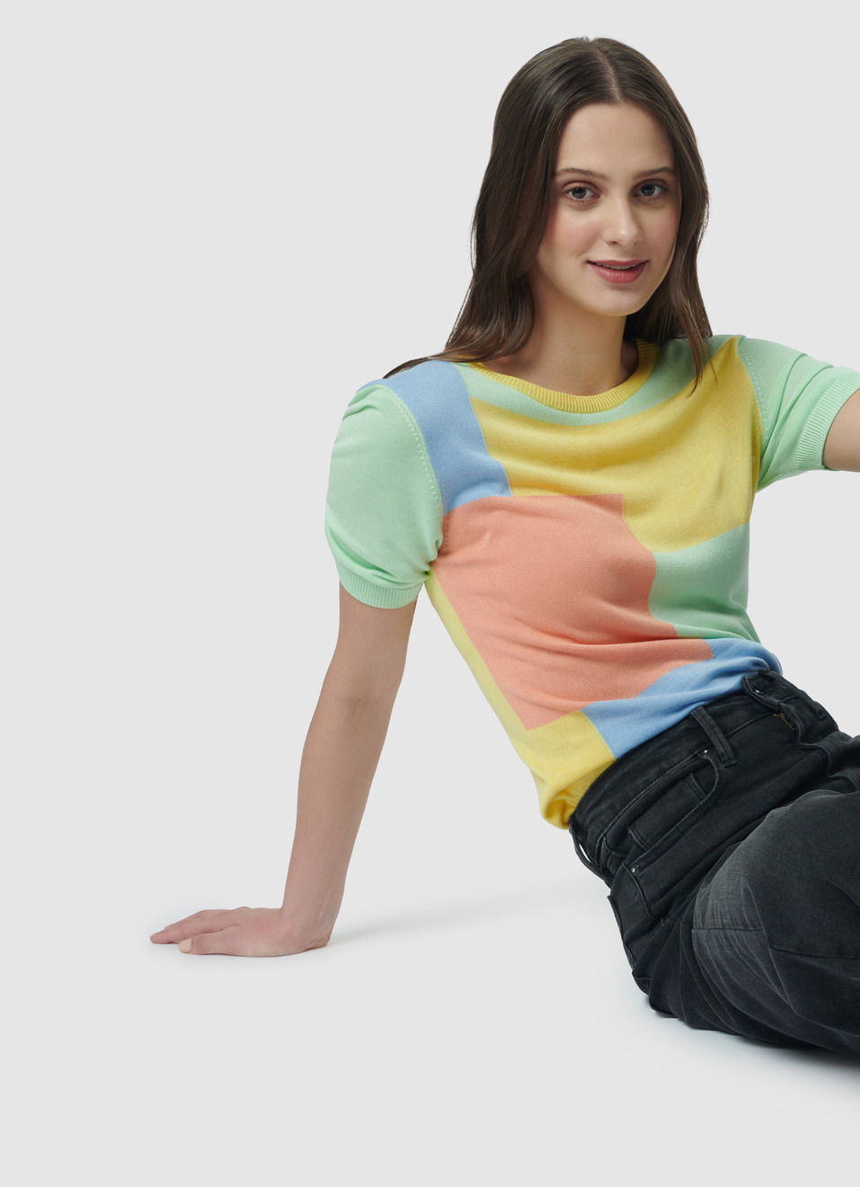 Pink Color Block Flat Knit Top, , large image number 0