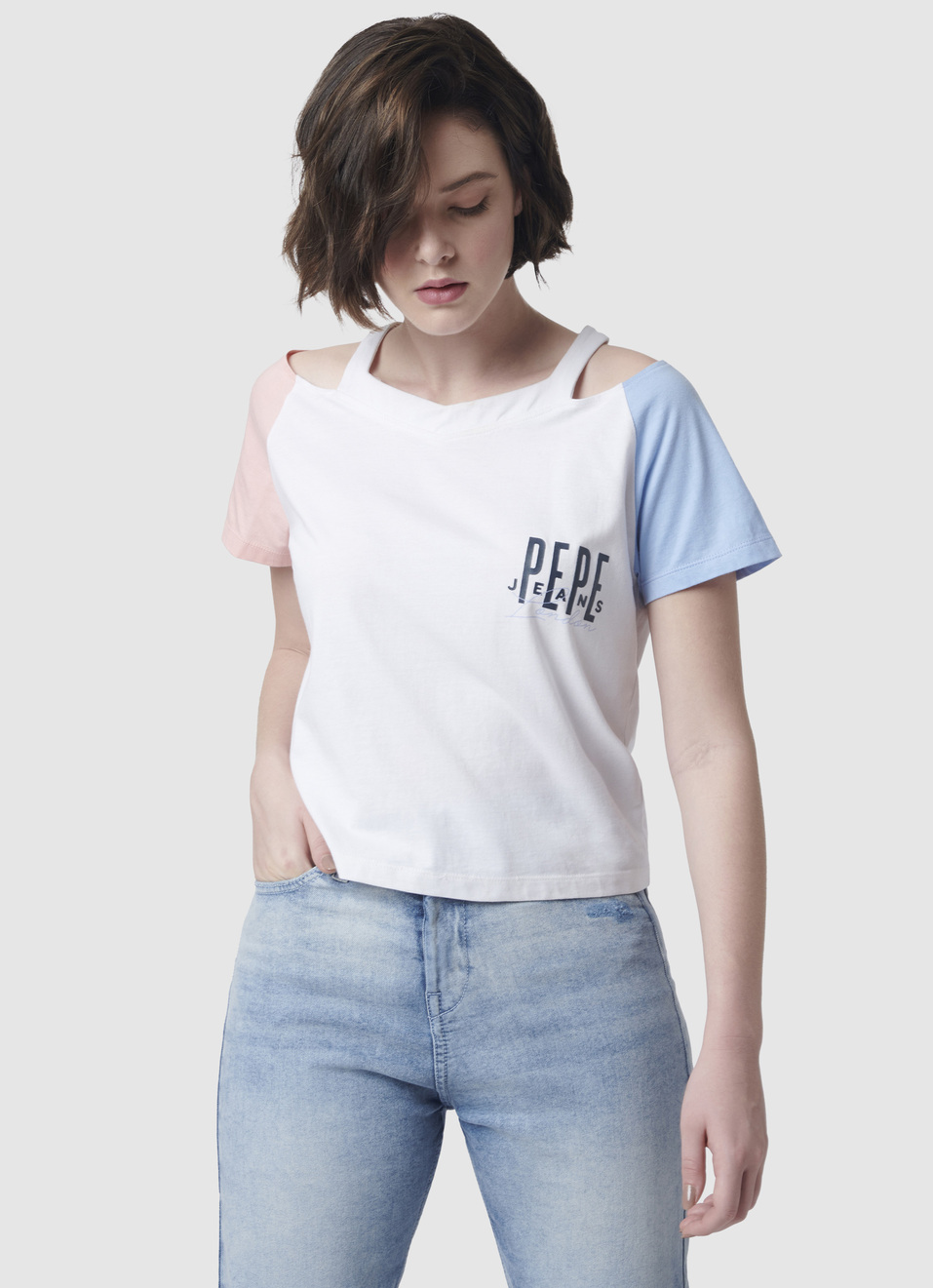 Cut Away Neck Colorblock T-shirt, , large image number 1