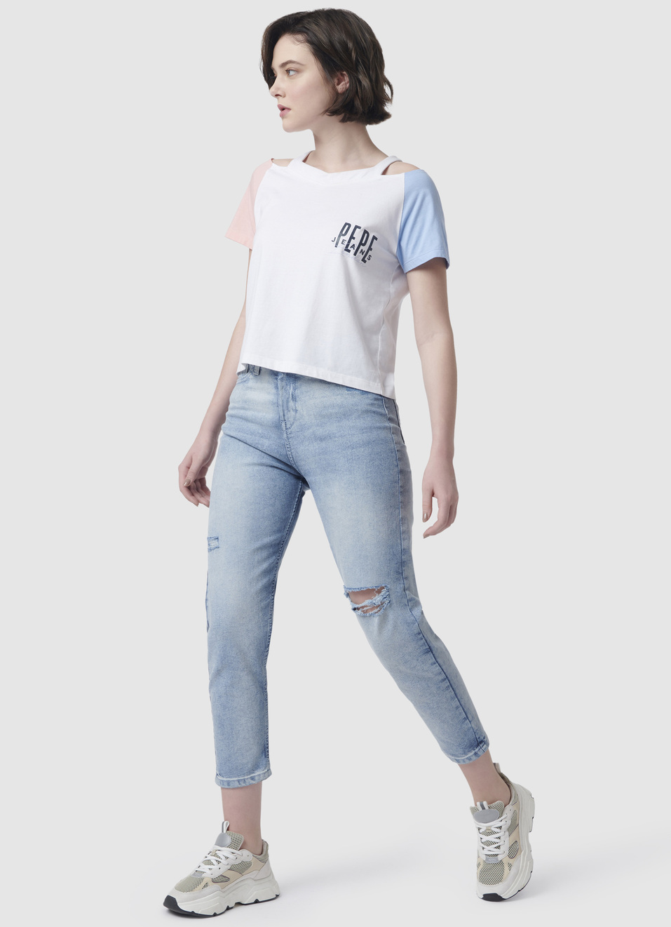 Cut Away Neck Colorblock T-shirt, , large image number 5