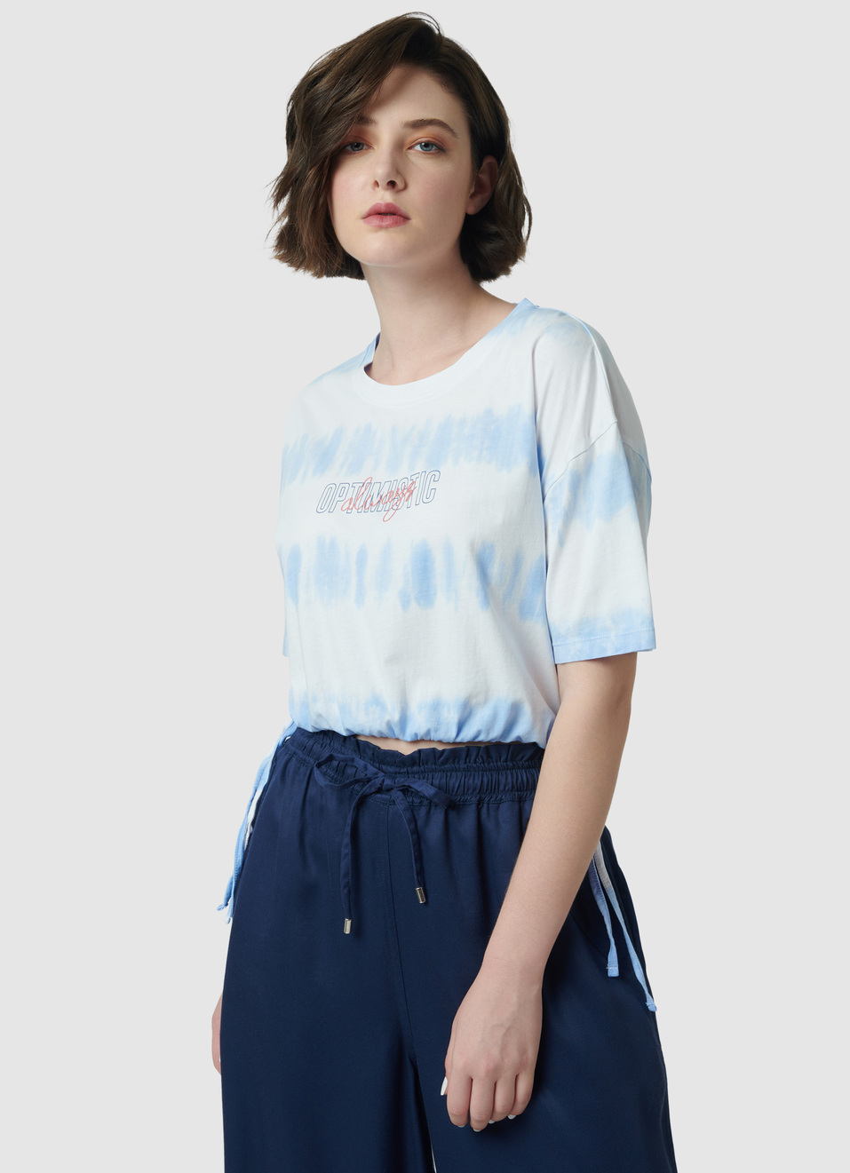 Tie & Dye Tie-up Hem Blue T-shirt, , large image number 1