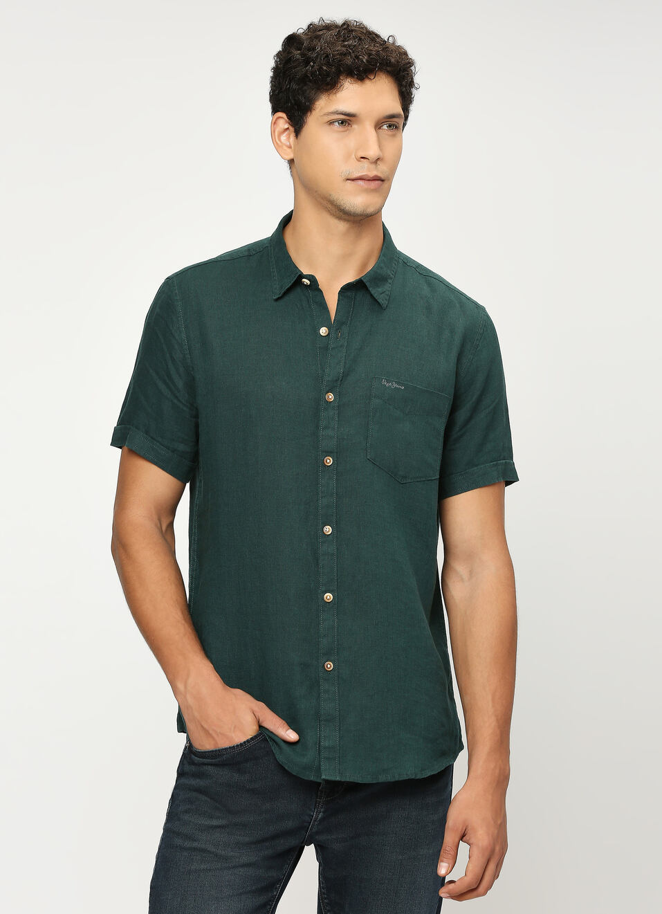 Bottle Green Patch Pocket Short Sleeve Shirt, , large image number 0
