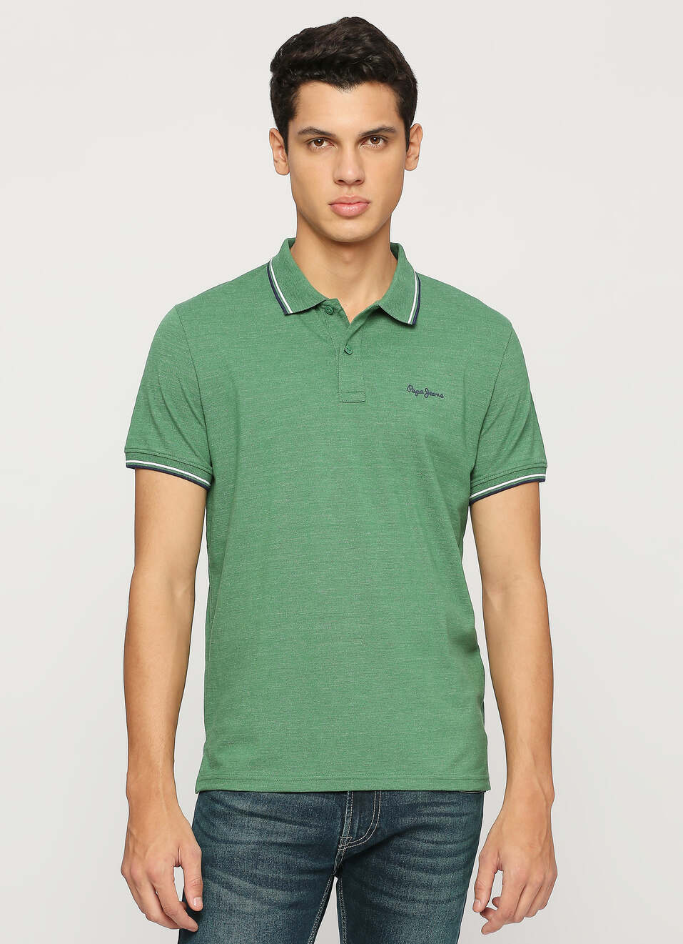 Green Solid Ribbed Collar Stretch Polo, , large image number 1