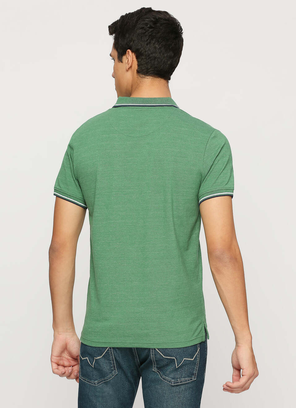 Green Solid Ribbed Collar Stretch Polo, , large image number 2