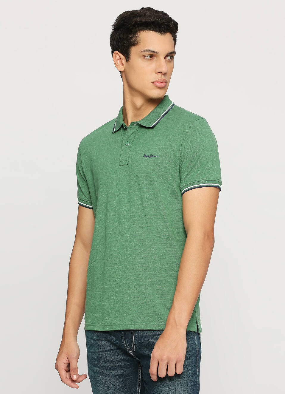 Green Solid Ribbed Collar Stretch Polo, , large image number 3