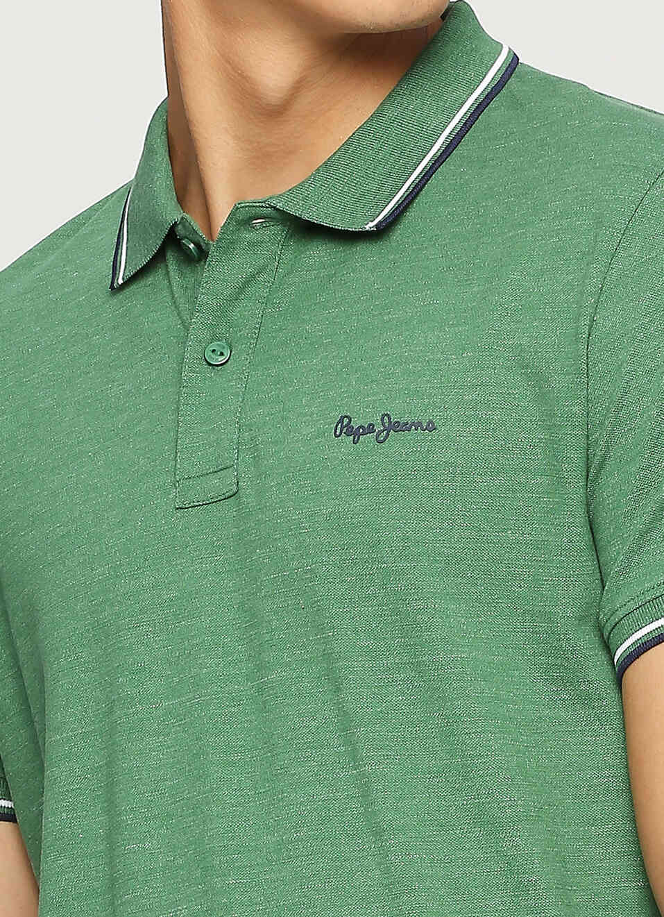 Green Solid Ribbed Collar Stretch Polo, , large image number 4