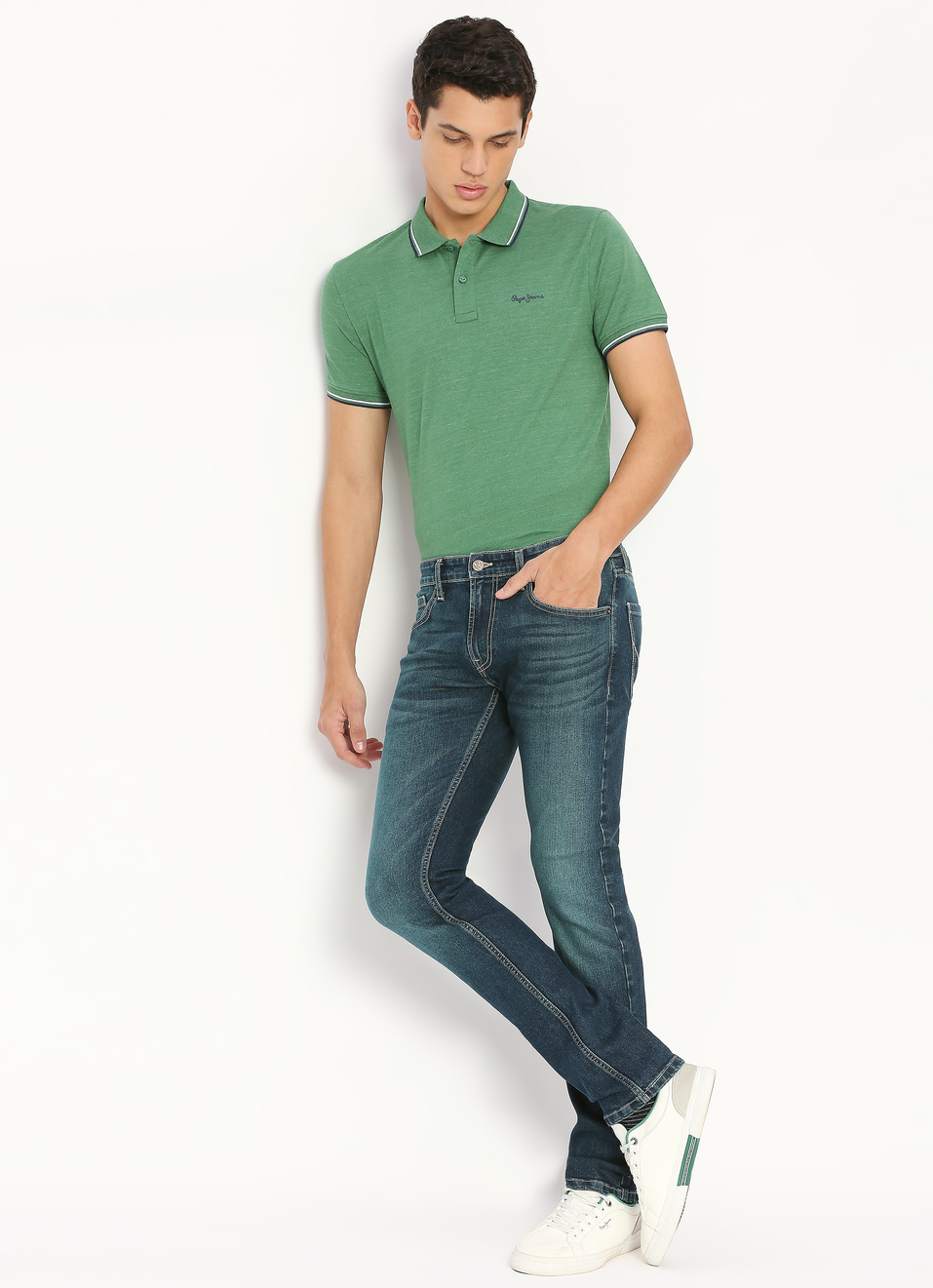 Green Solid Ribbed Collar Stretch Polo, , large image number 5