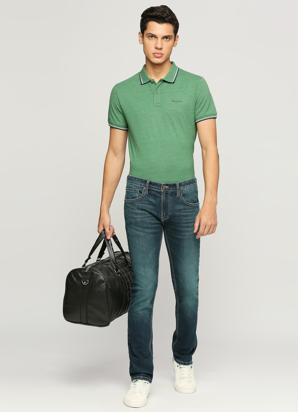 Green Solid Ribbed Collar Stretch Polo, , large image number 6