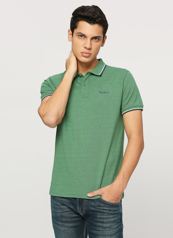 Green Solid Ribbed Collar Stretch Polo