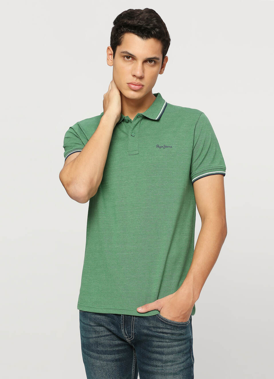 Green Solid Ribbed Collar Stretch Polo, , large image number 0