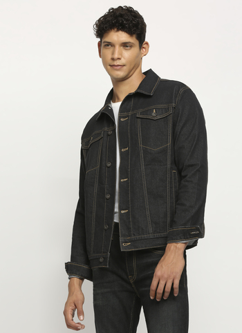 Black Front Pocket Trucker Fit Denim Jacket