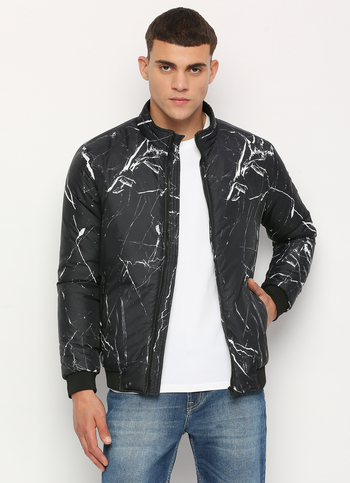 Black All Over Marble Printed Puffer Jacket