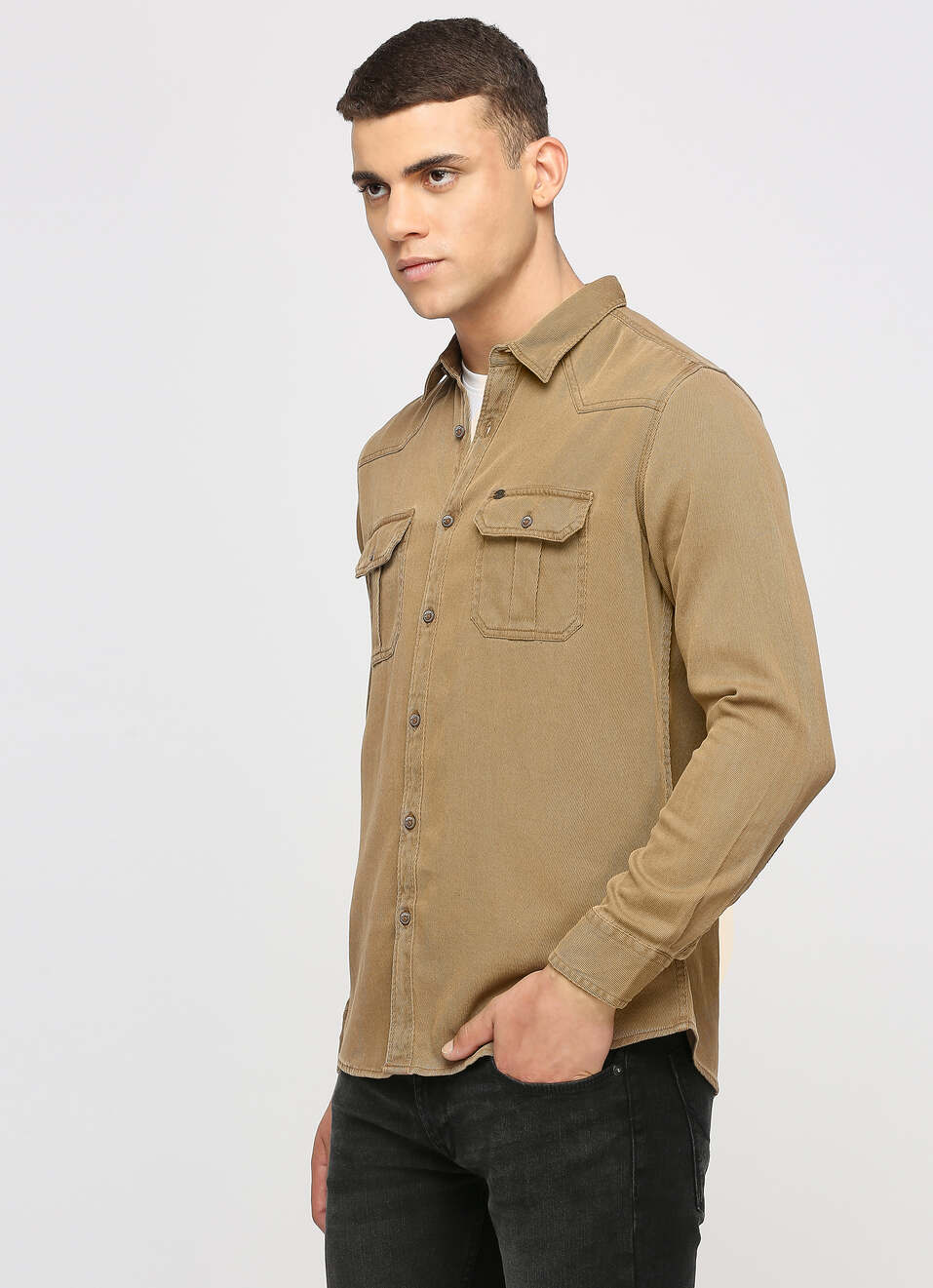 Khaki Solid Long Sleeve Shirt, , large image number 2