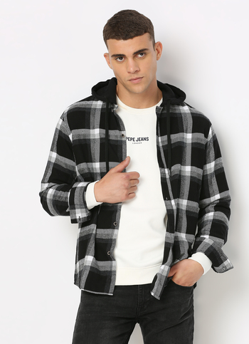 Black Checks Long Sleeve Hooded Shirt