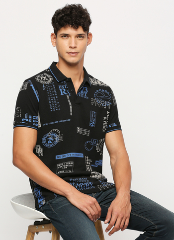 Black Letter Print Short Sleeve Polo
