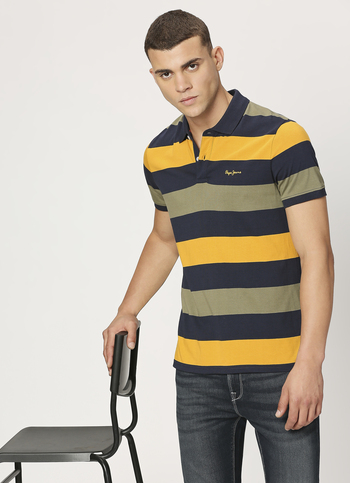 Navy Striped Short Sleeve Polo
