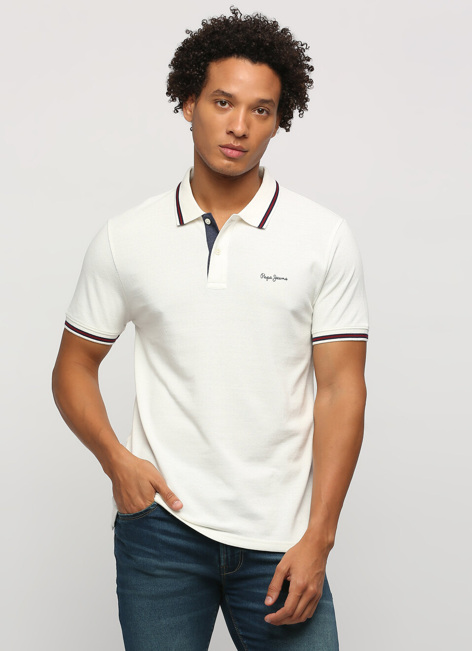 Natural Ribbed Collar Short Slevee Polo, , large image number 1