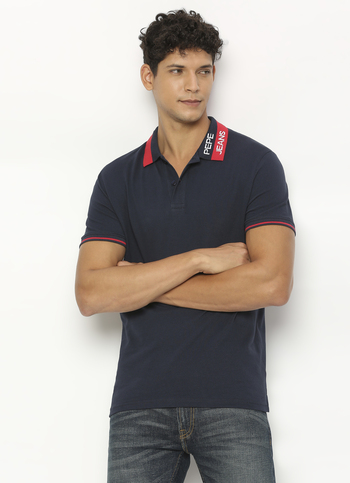 Navy Ribbed Collar Short Sleeve Polo