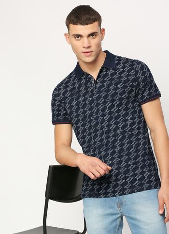 Indigo Letter Print Short Sleeve Polo