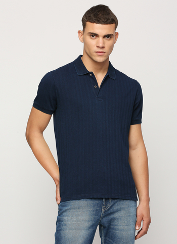 Blue Ribbed Neck Short Sleeve Polo