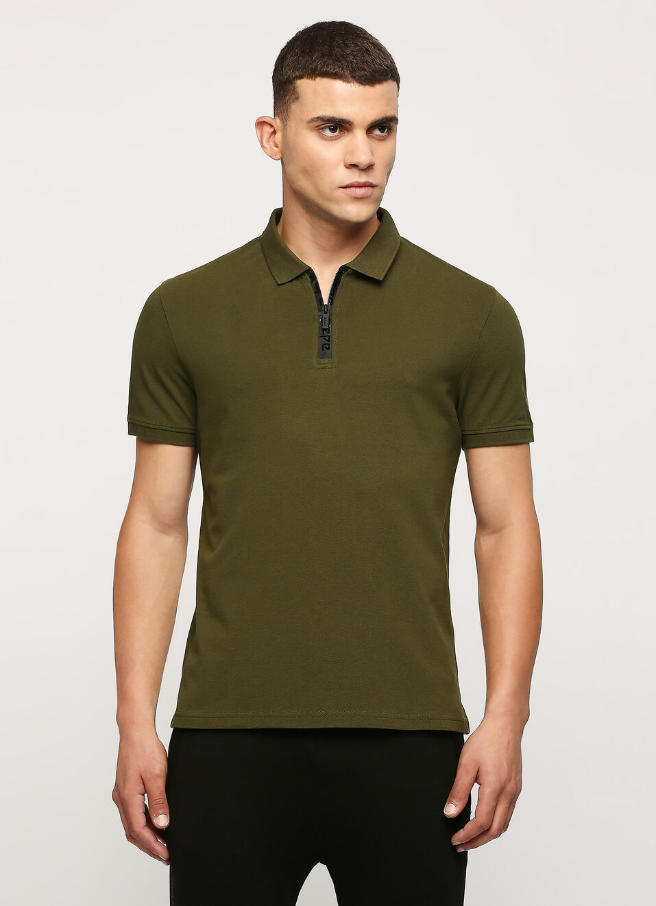 Olive Buttoned Neck Short Sleeve Polo, , large image number 1