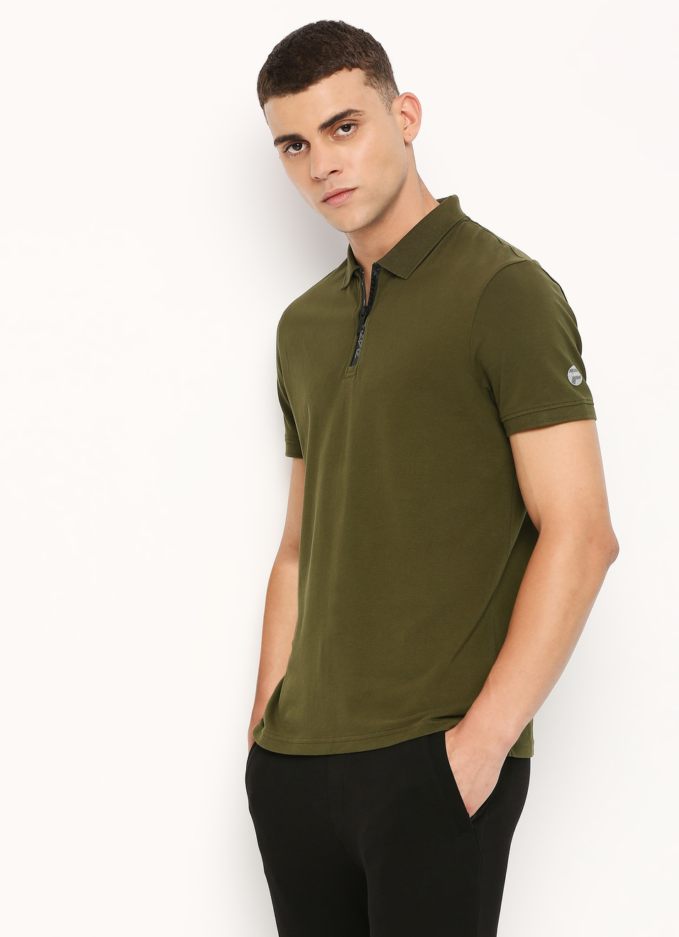 Olive Buttoned Neck Short Sleeve Polo, , large image number 0