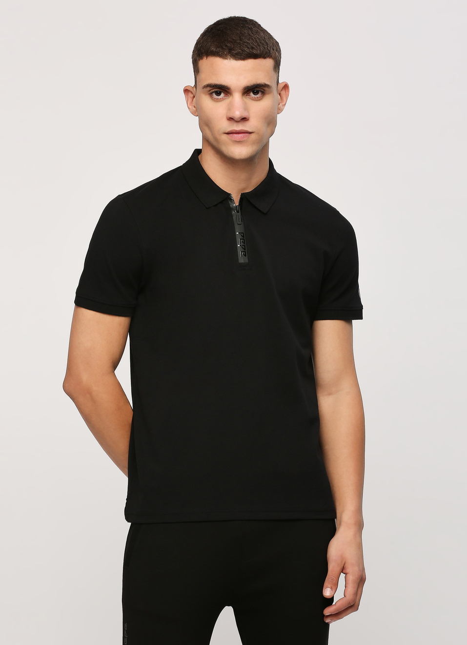 Black Buttoned Neck Short Sleeve Polo, , large image number 1