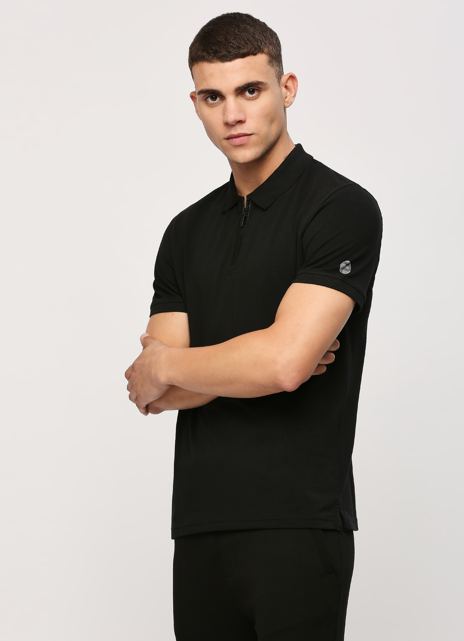 Black Buttoned Neck Short Sleeve Polo, , large image number 0