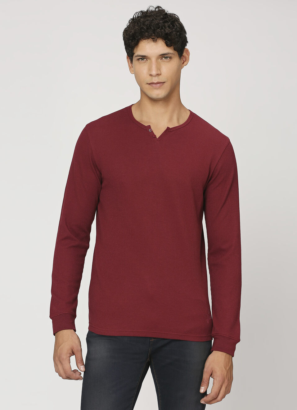 Burgundy Henley Neck Full Sleeve T-shirt, , large image number 1