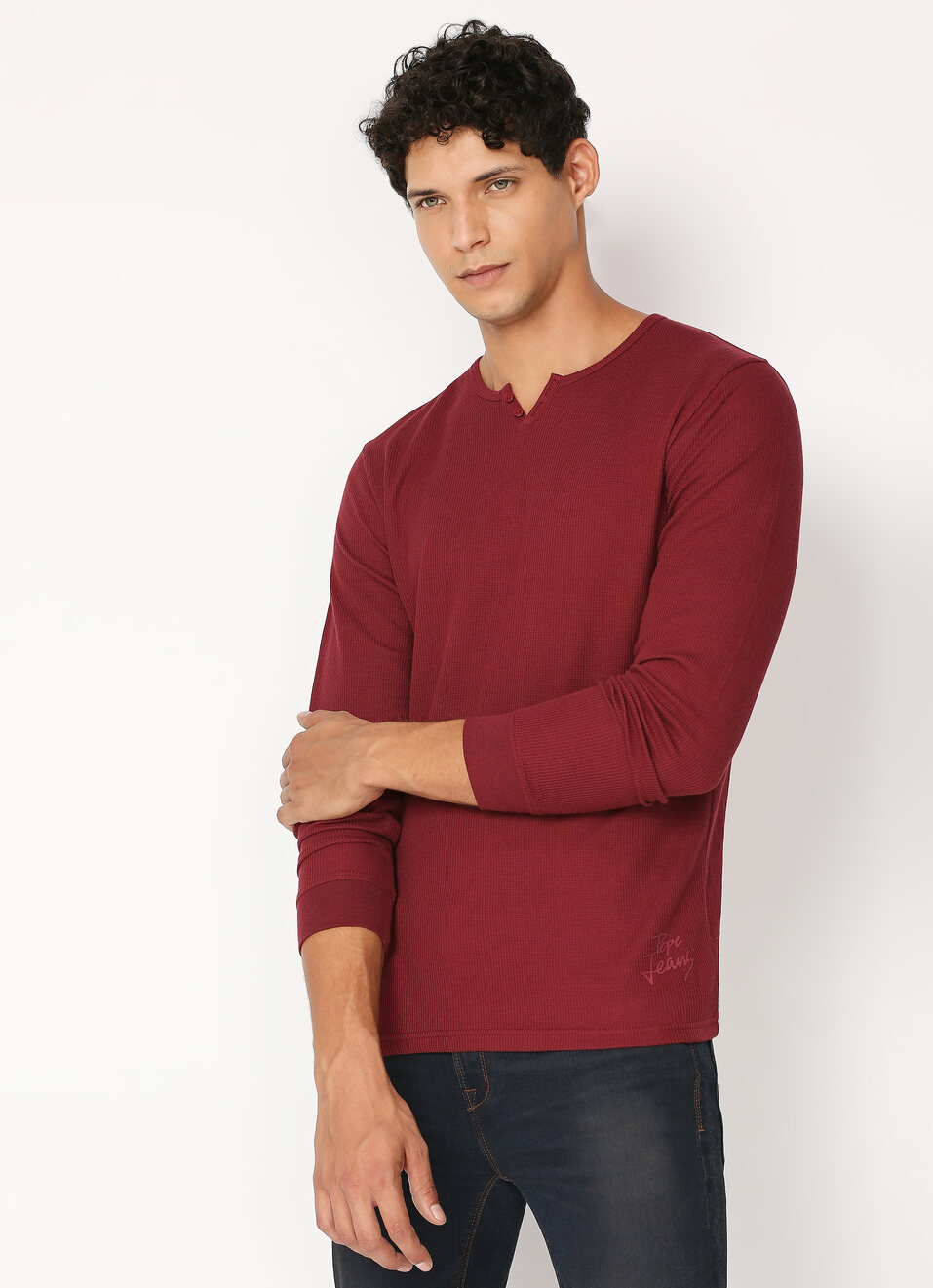 Burgundy Henley Neck Full Sleeve T-shirt, , large image number 0