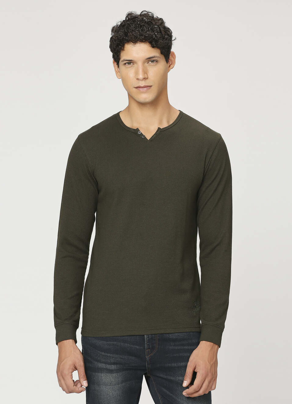 Olive Henley Neck Full Sleeve T-shirt, , large image number 1