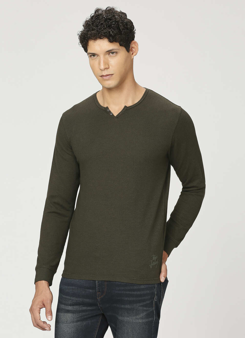 Olive Henley Neck Full Sleeve T-shirt, , large image number 3
