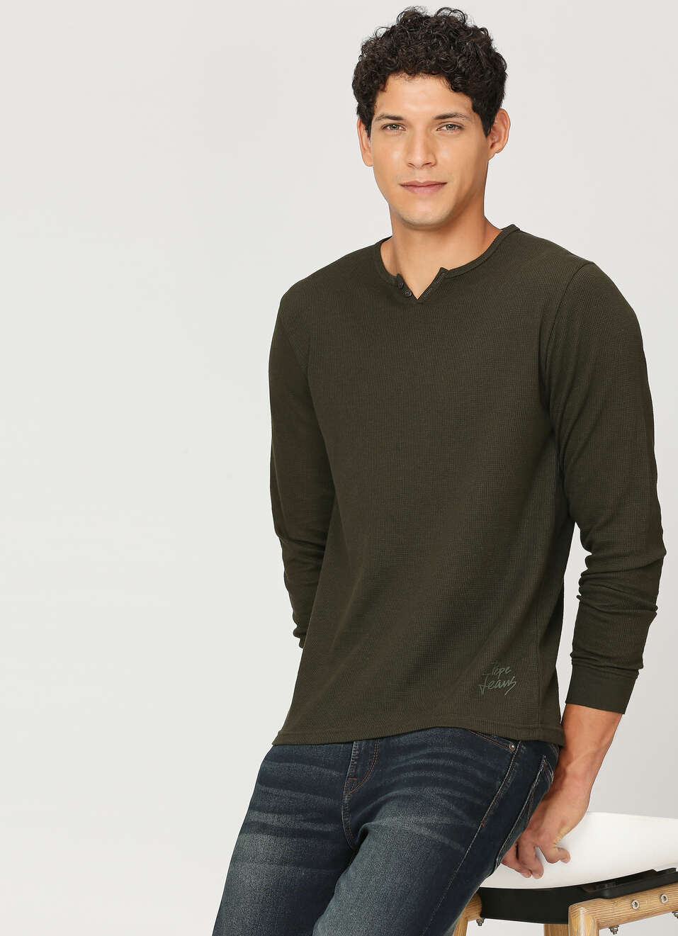 Olive Henley Neck Full Sleeve T-shirt, , large image number 0