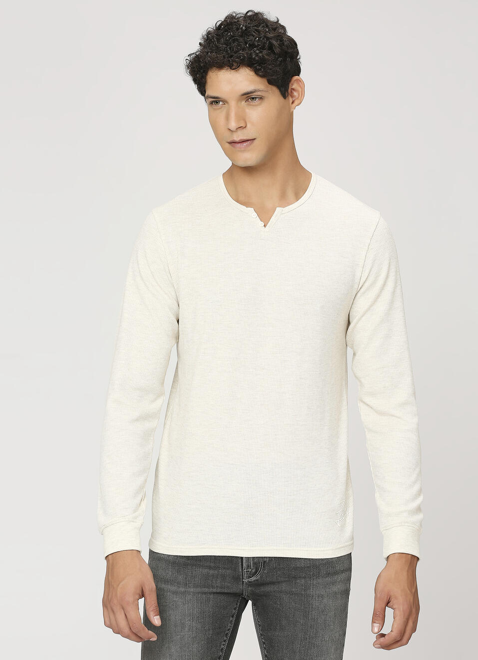 White Henley Full Sleeve T-shirt, , large image number 1