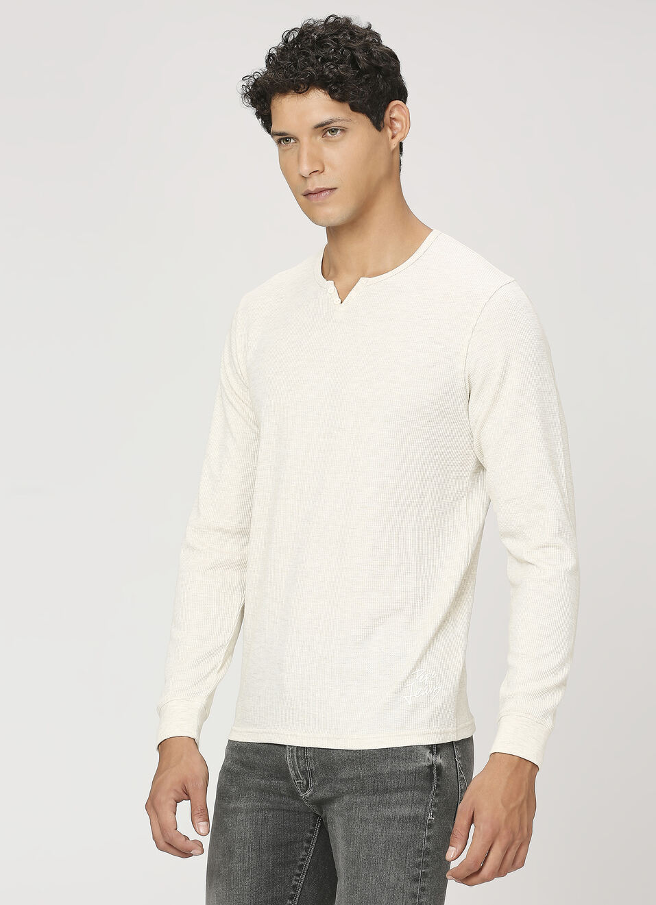 White Henley Full Sleeve T-shirt, , large image number 3