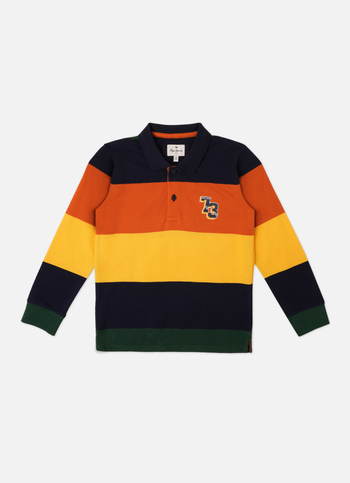 Boys Navy Engineered Stripe Full Sleeve Polo