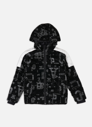 Boys Black Printed Hooded Puffer Jacket