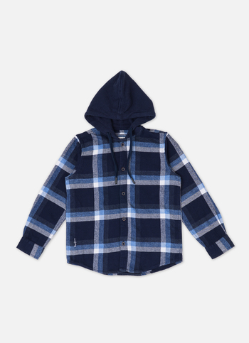 Boys Navy Checks Long Sleeve Hooded Shirt