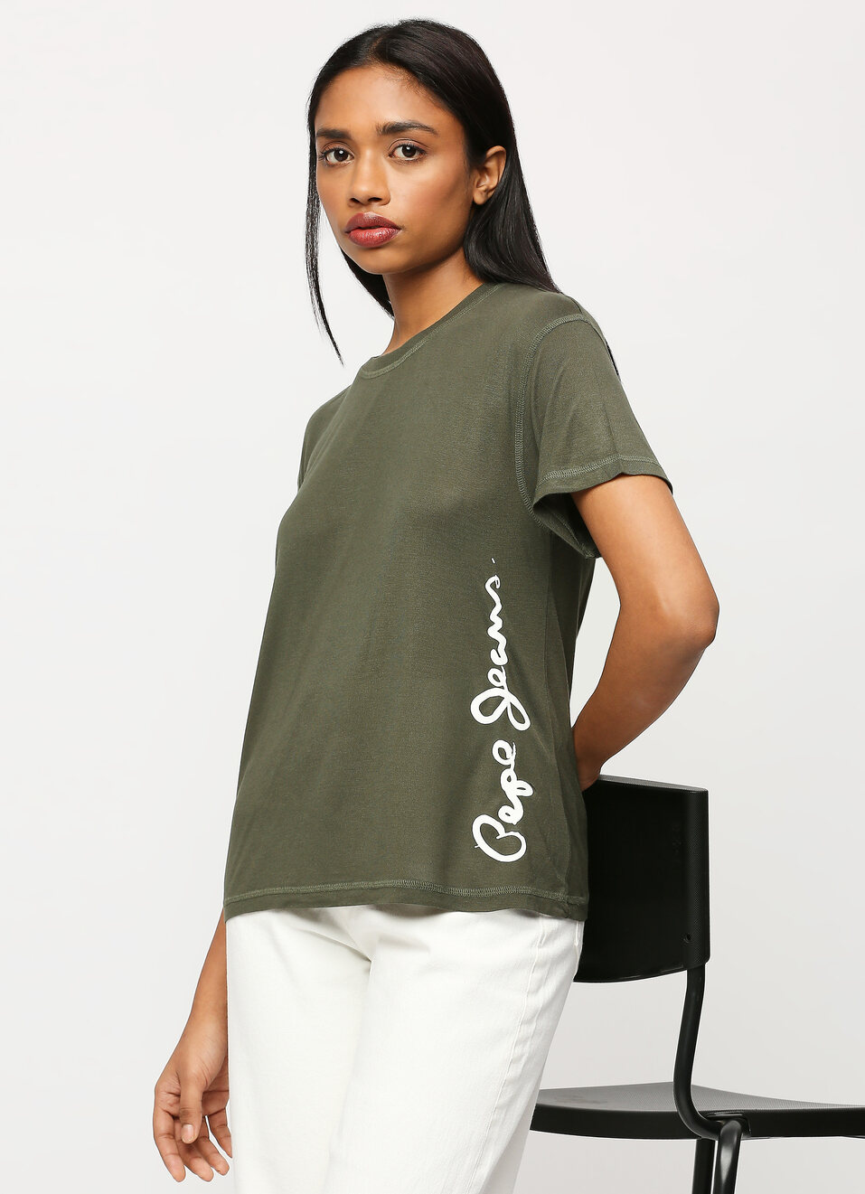 Olive Vertical Logo Print T-shirt, , large image number 0