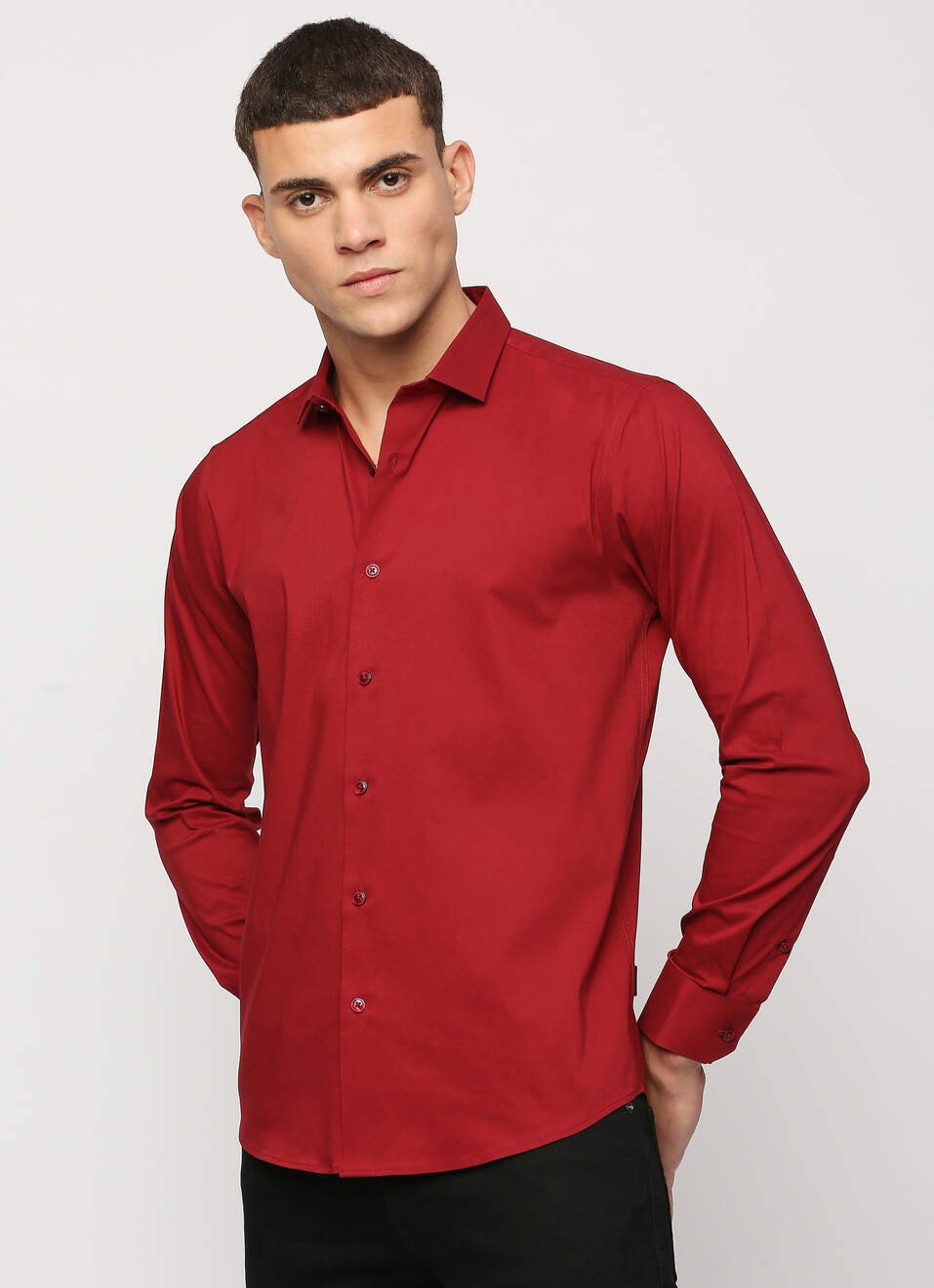 Men Burgundy Cut Away Collar Full Sleeve Shirt, , large image number 0