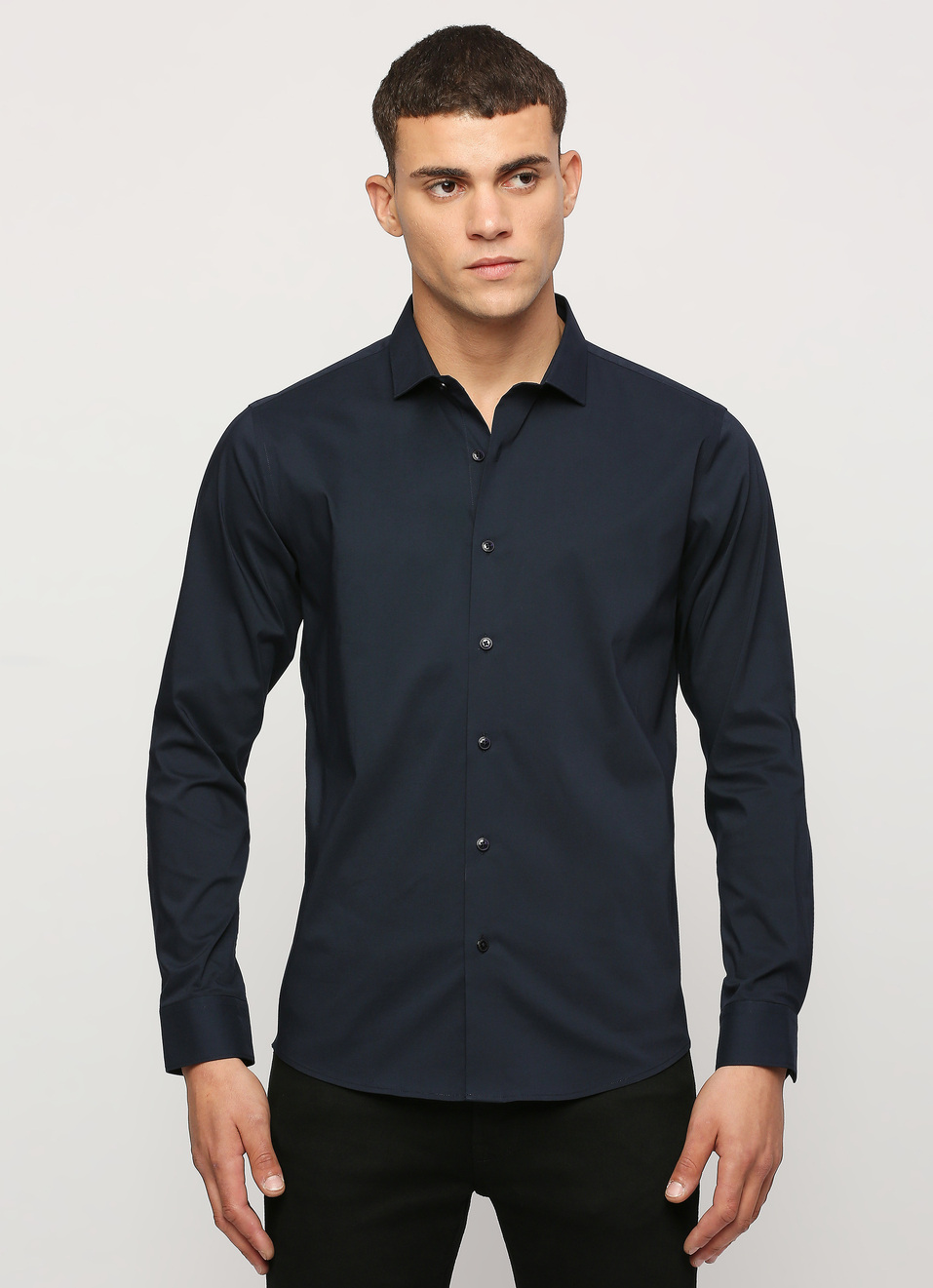 Men Navy Cut Away Collar Full Sleeve Shirt, , large image number 1