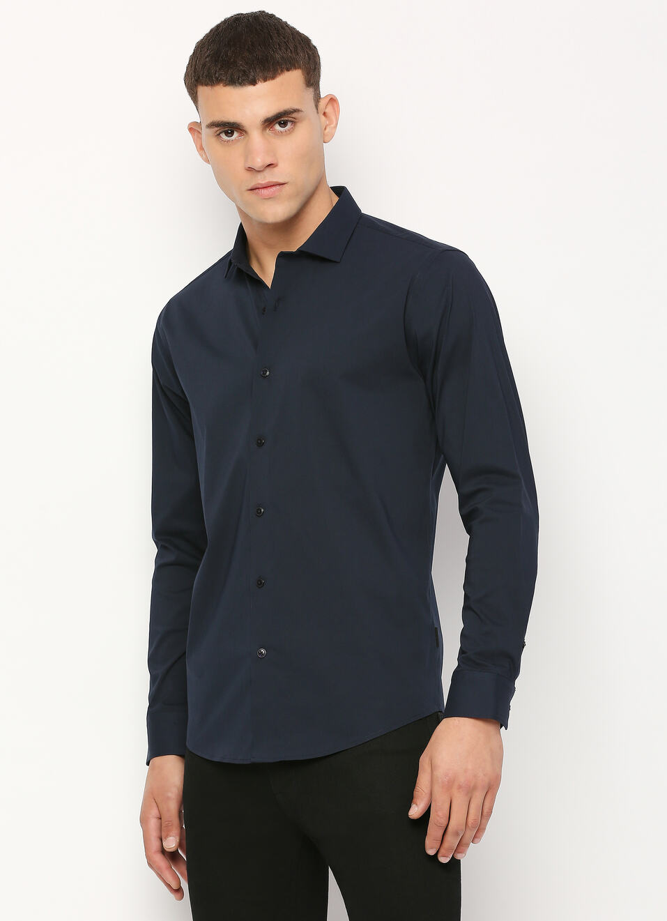 Men Navy Cut Away Collar Full Sleeve Shirt, , large image number 0