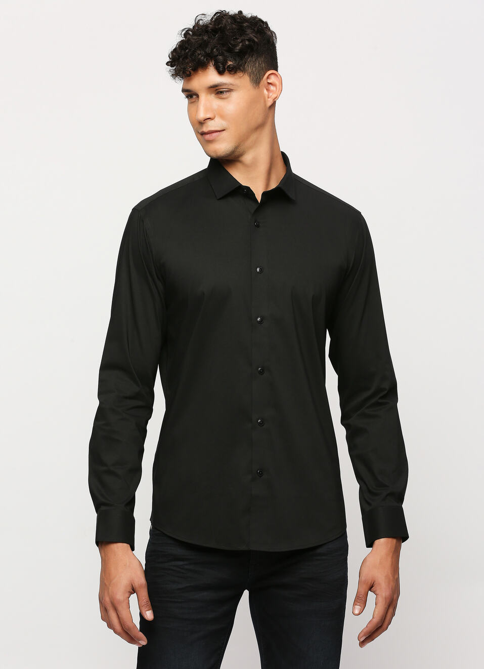 Men Black Cut Away Collar Full Sleeve Shirt, , large image number 1