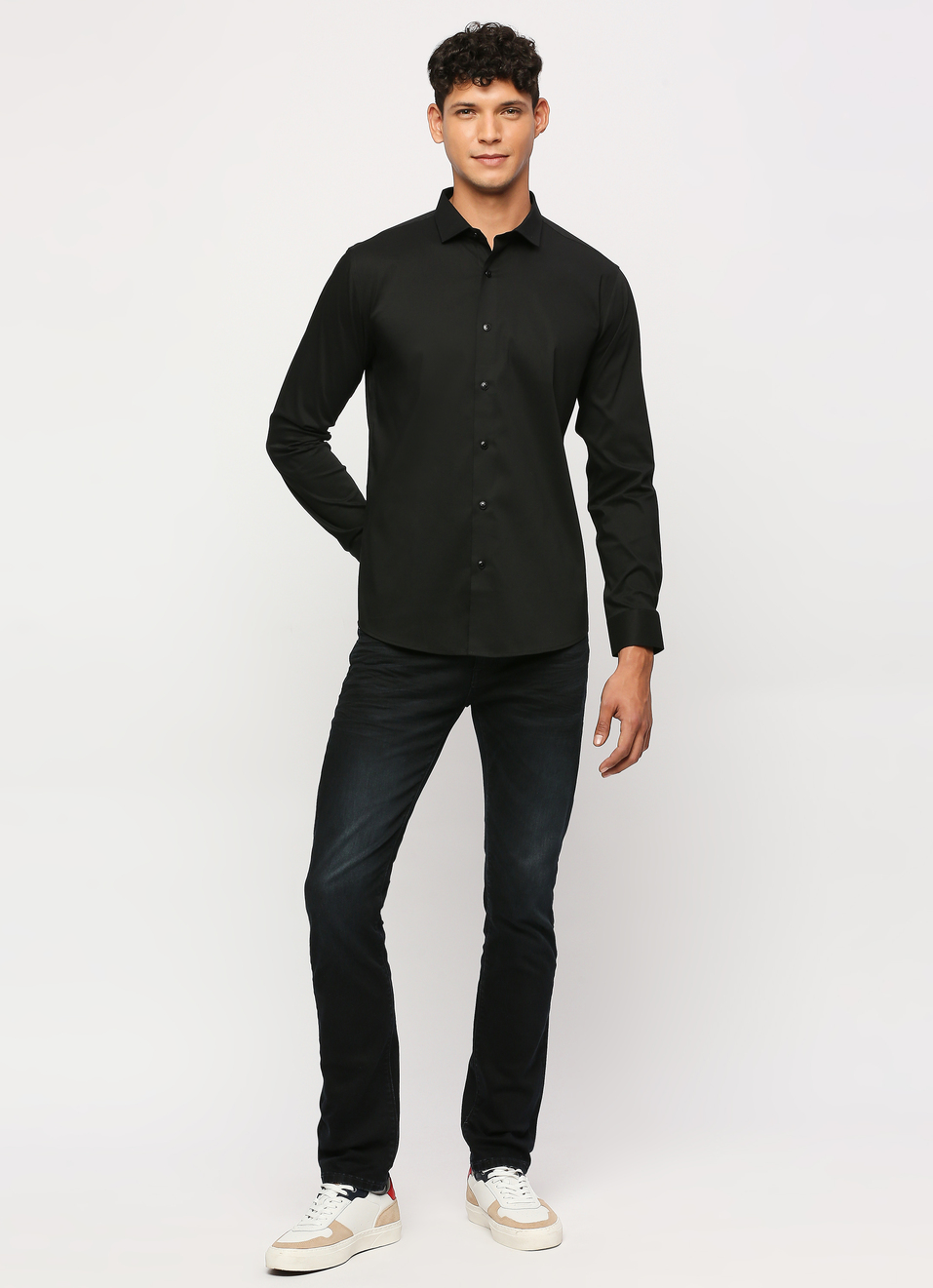 Men Black Cut Away Collar Full Sleeve Shirt, , large image number 5