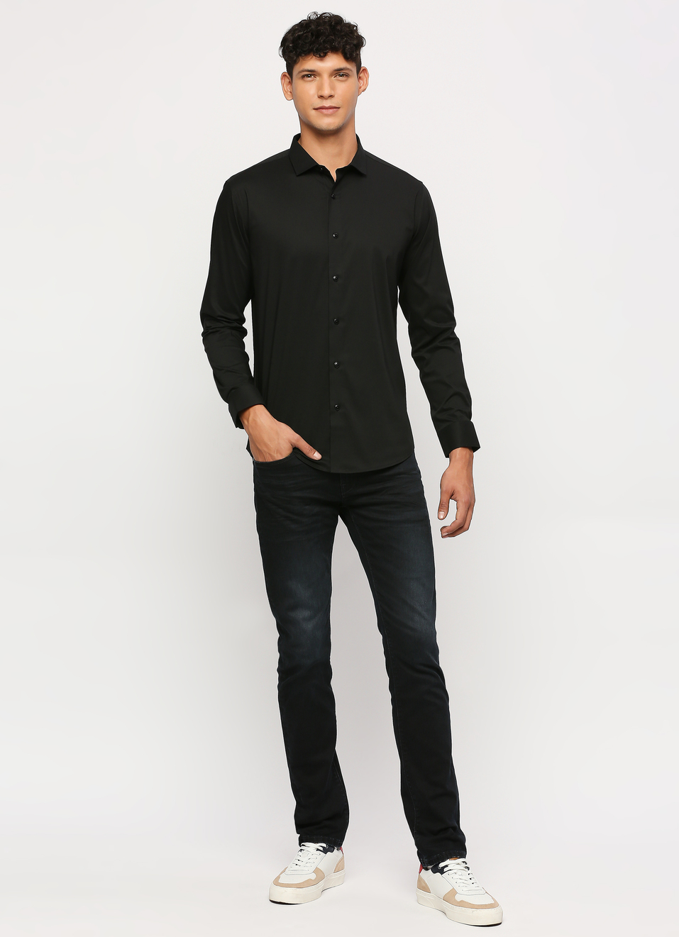 Men Black Cut Away Collar Full Sleeve Shirt, , large image number 6