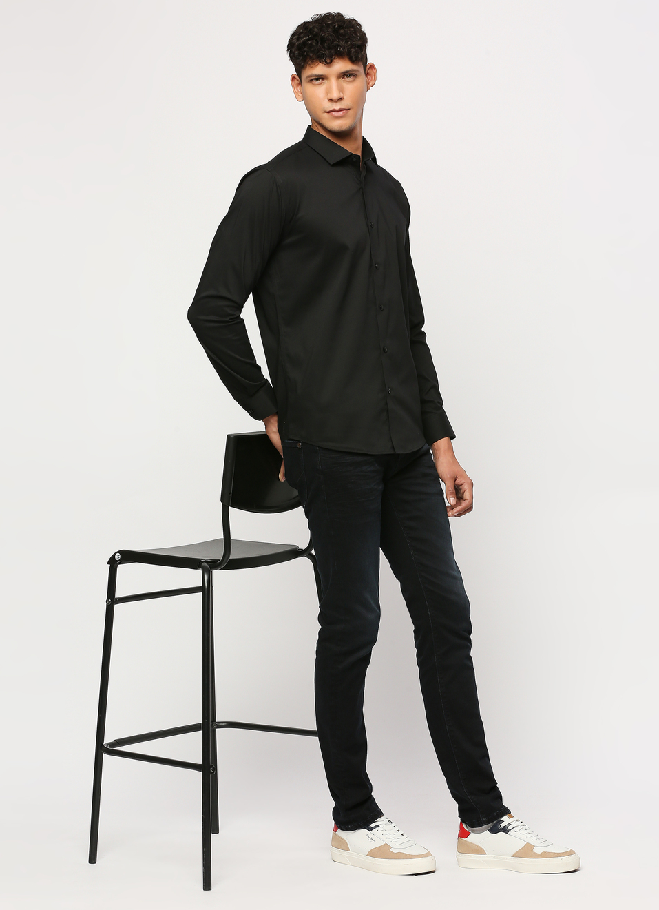 Men Black Cut Away Collar Full Sleeve Shirt, , large image number 0