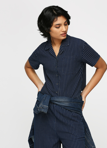 Navy Stripes Denim Cropped Shirt