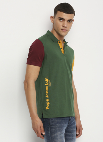 Green Colour Block Printed Short Sleeve Polo