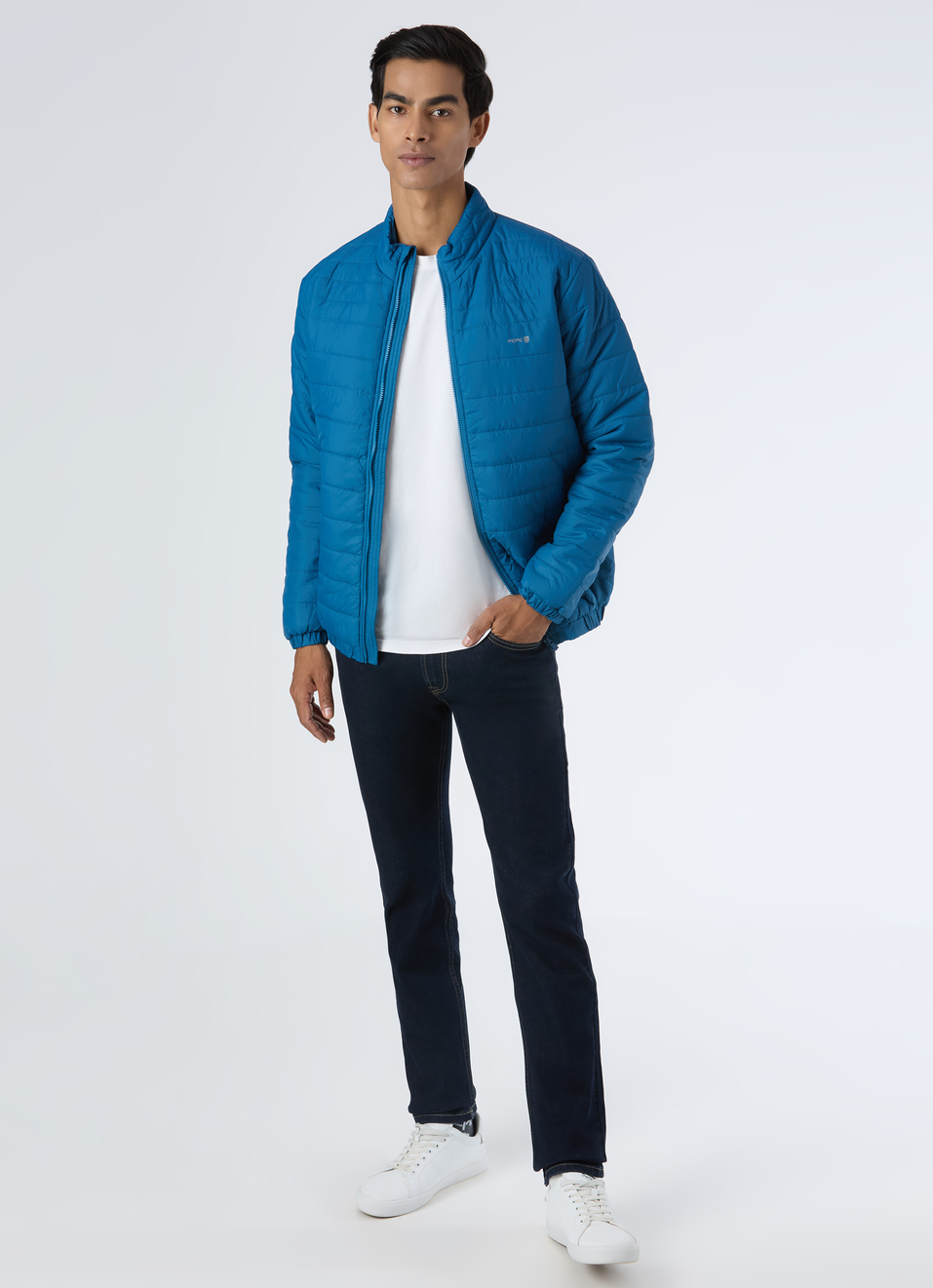 Men Teal Blue Quilted Puffer Jacket, , large image number 5