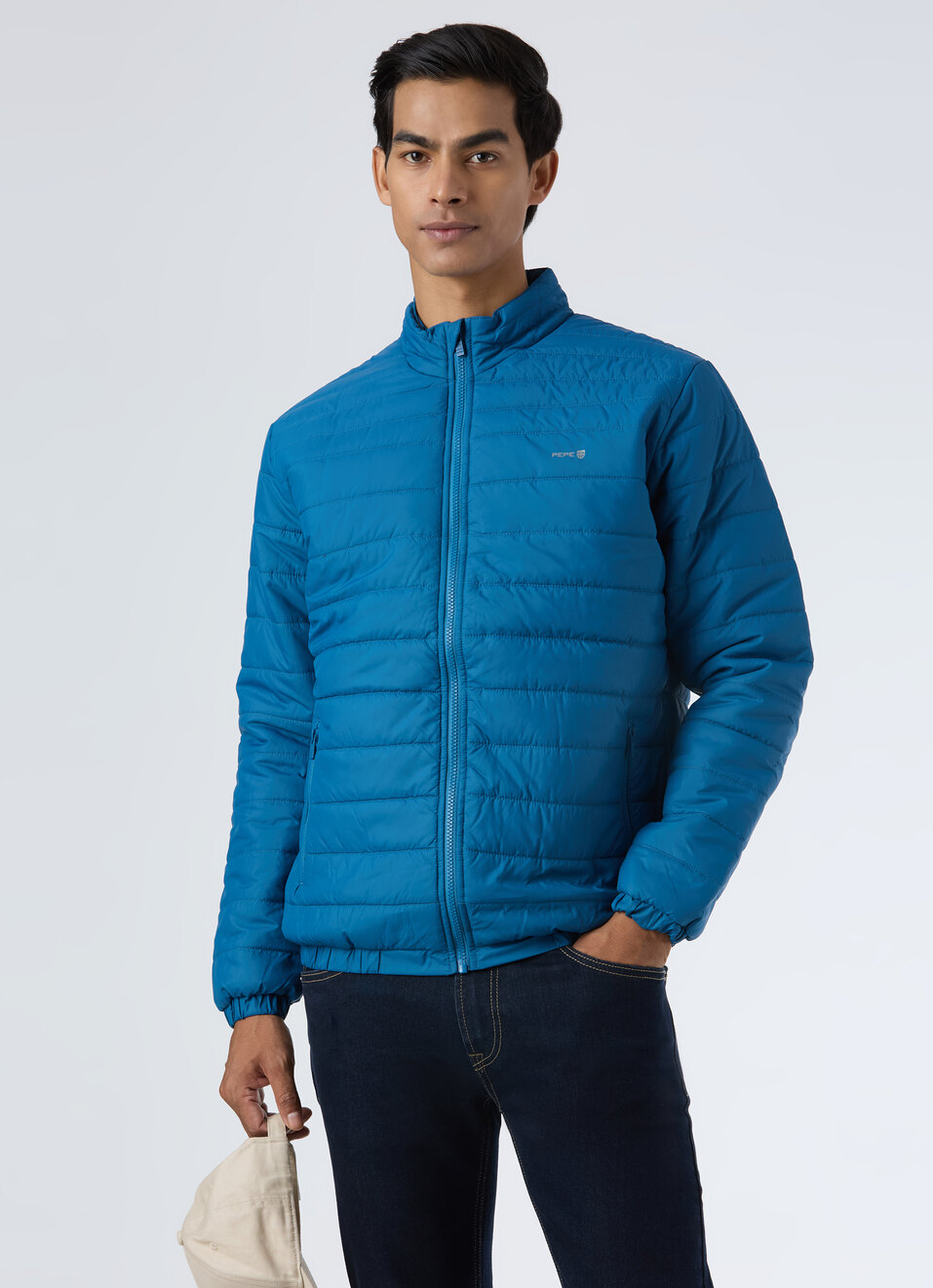 Men Teal Blue Quilted Puffer Jacket, , large image number 0