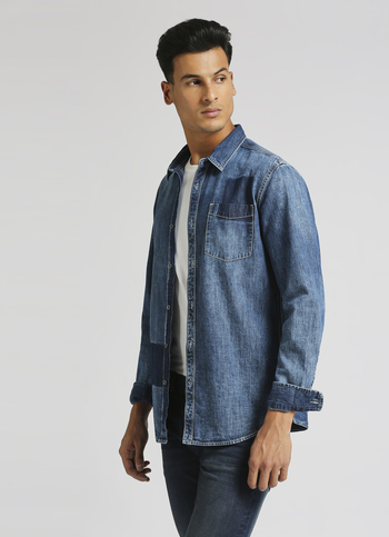 Blue Laser Printed Slim Fit Denim Shirt
